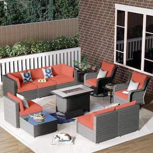 Iris Gray 11-Piece Wicker Outerdoor Patio Rectangular Fire Pit Set with Orange Red Cushions and Swivel Rocking Chairs