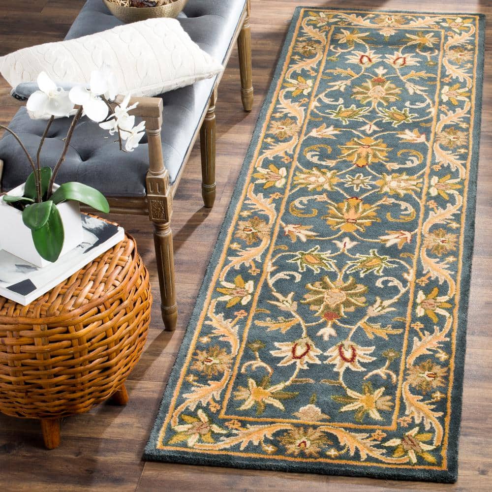 Handmade Blue and Gold Wool Tufted Runner Rug