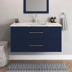 Napa 48 in. W x 22 in. D Single Sink Bathroom Vanity Wall Mounted In Navy Blue With Carrera Marble Countertop