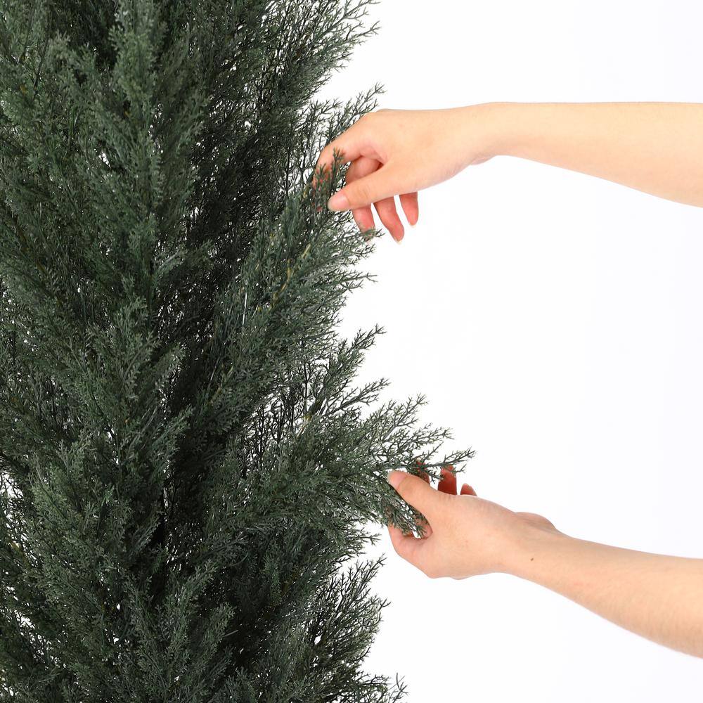 59" Dark Green Cedar Artificial Topiary Trees in Black Cement Pots, Set of 2