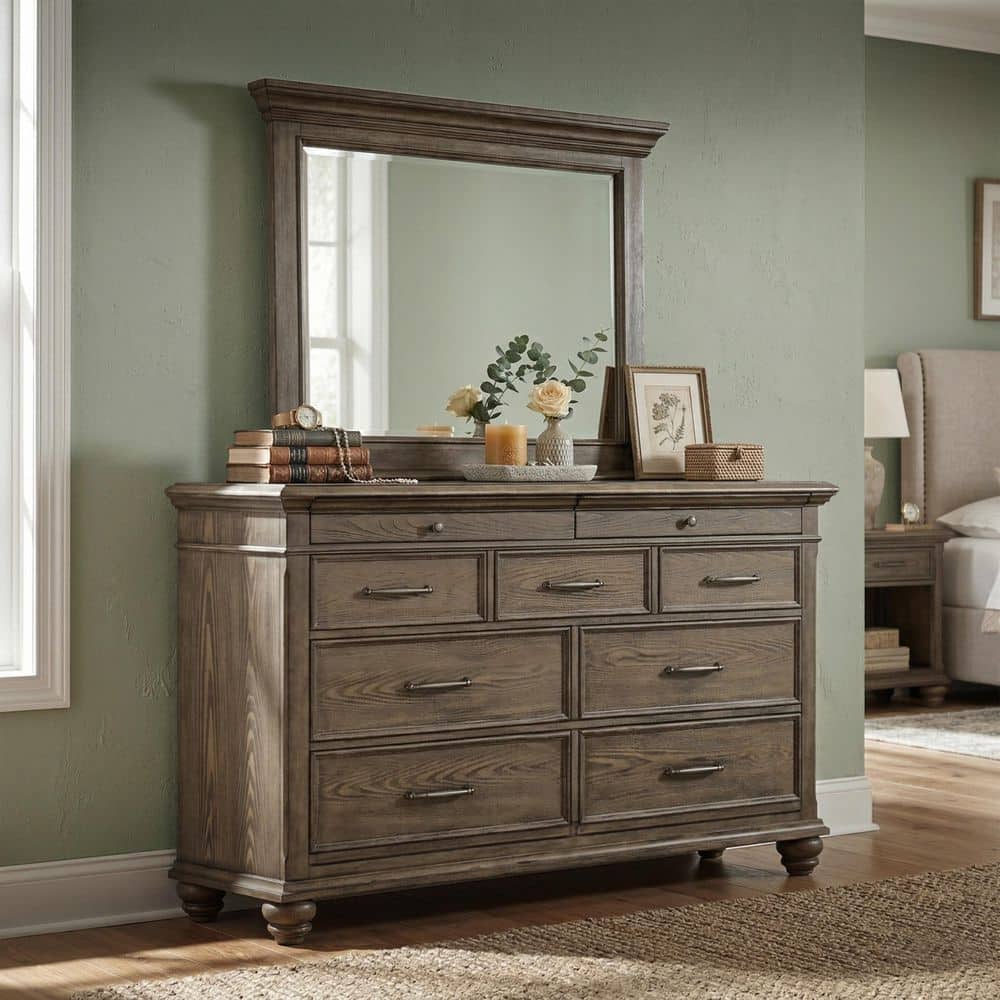 french oak grey dresser Lander Aged Oak 9-Drawer 64 in. Dresser with Mirror and Bun Feet