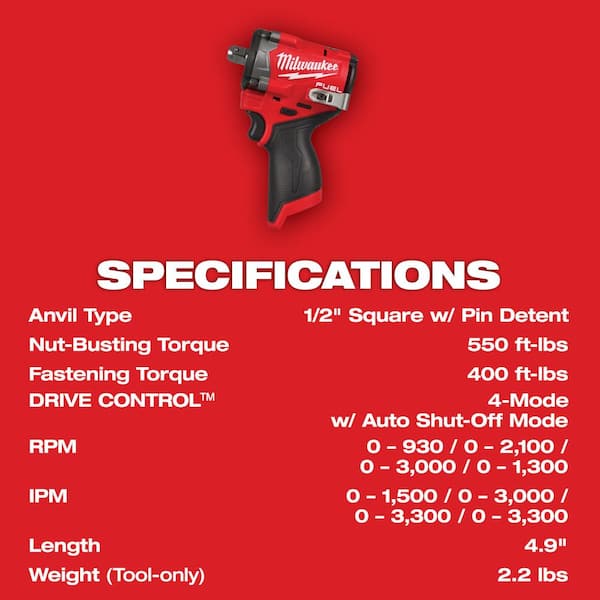 Milwaukee M12 FUEL 12V Lithium Ion Brushless Cordless Stubby 1 2 in. Impact Wrench with Pin Detent Tool Only 2563P 20 The Home Depot