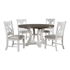 Wicks 5-Piece Round Distressed White and Gray Wood Top Dining Table Set