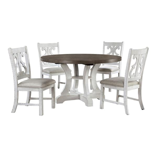 Furniture of America Wicks 5-Piece Round Distressed White and Gray Wood Top Dining Table Set