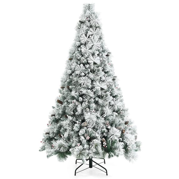 Costway 7ft Snow Flocked Artificial Christmas Tree Glitter Tips w/Pine Cone & Red Berries