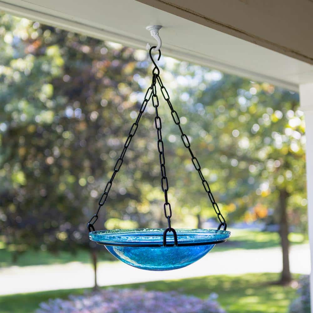 Teal Crackle Glass Hanging Birdbath with Iron Chain
