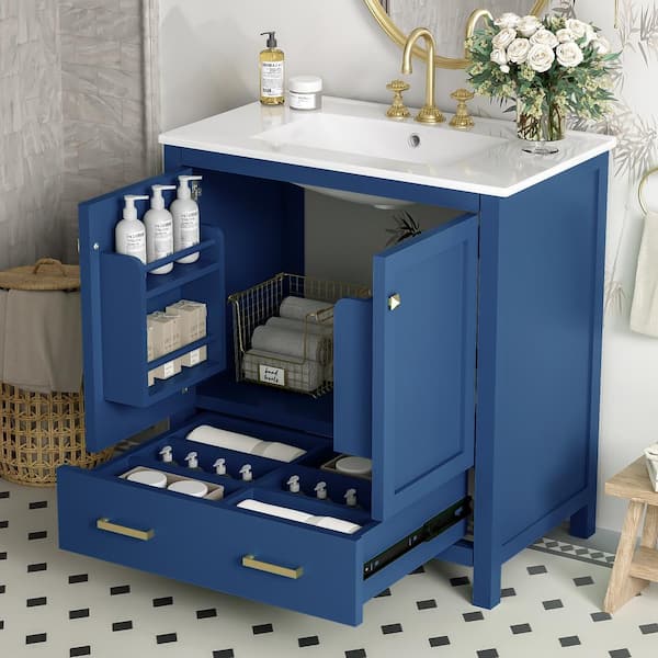 30 in. W Freestanding Blue Bath Vanity with White Ceramic Top, Soft Closing, Multifunctional Storage Unassembled