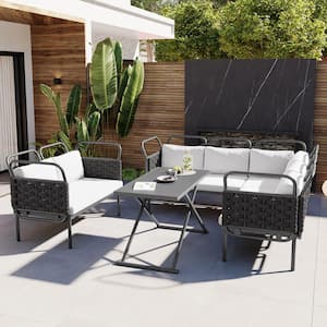 5-Piece Modern Black Metal Outdoor Sectional Set with Woven Rope and Gray Cushions