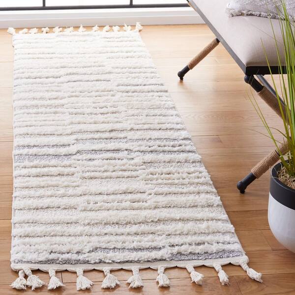 Moroccan Tassel Shag 2 ft. x 8 ft. Beige/Ivory Striped Fringe Runner Rug