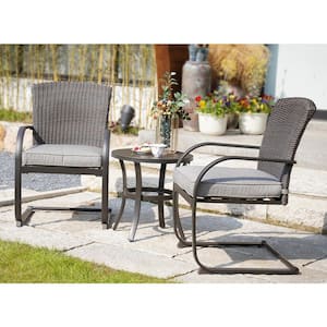 3-Piece Wicker Grey Outdoor Bistro Set, Patio Rocking Wicker Chairs with Removable Cushions and Round Coffee Table
