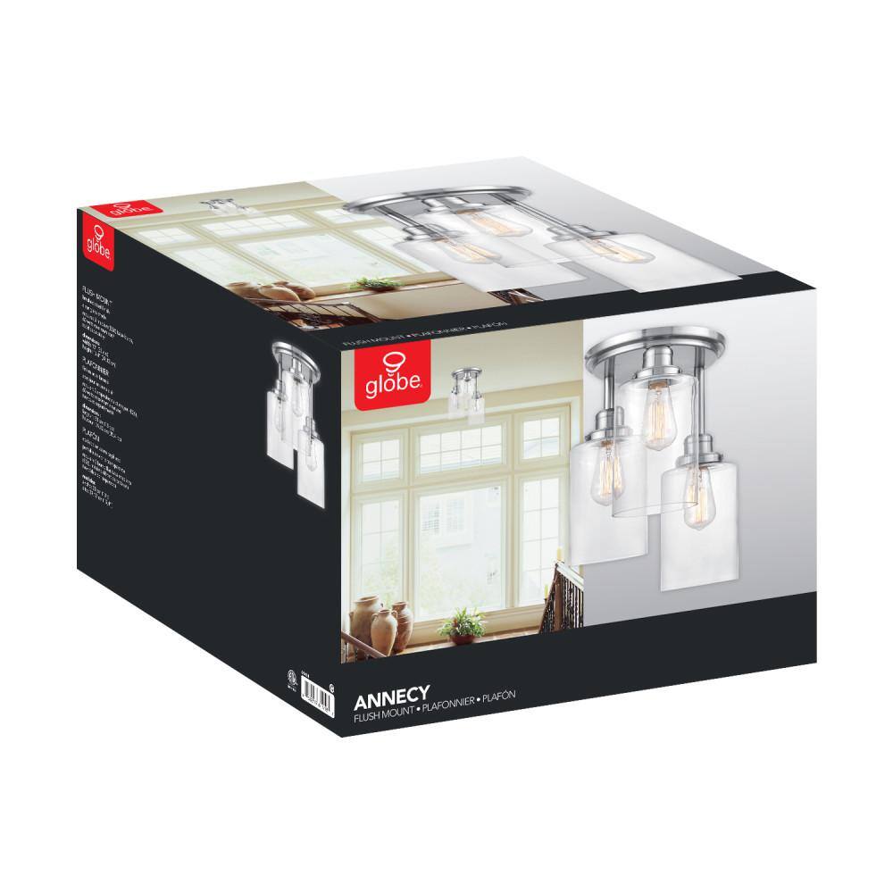 Annecy Brushed Steel 3-Light Semi-Flush Ceiling Fixture with Clear Glass