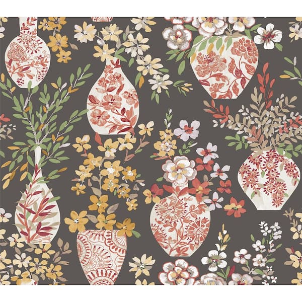 A-Street Prints Harper Red Brown Floral Vase Matte Non Woven Wallpaper Sample