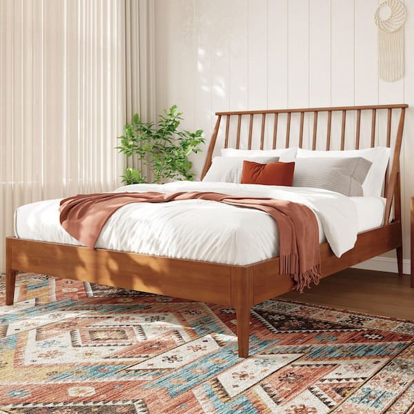 Gentle Mid-Century Modern Brown Bamboo Frame King Size Platform Bed with Tall Headboard, Wooden Slats, Metal Support