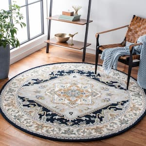Heritage Gray/Navy 6 ft. x 6 ft. Border Floral Medallion Round Area Rug