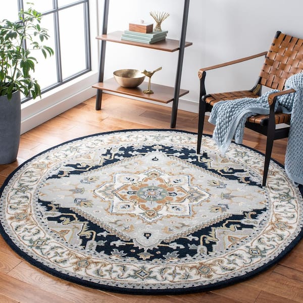 Heritage Gray/Navy 8 ft. x 8 ft. Border Floral Medallion Round Area Rug