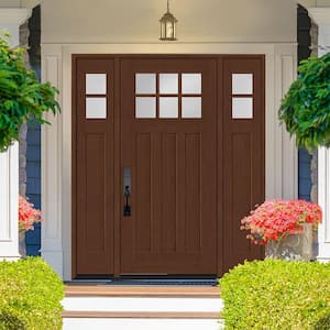 Regency 64 in. x 80 in. 6-Lite Top Lite Clear Glass RHIS Mahogany Fiberglass Prehung Front Door 12 in. Side Lites