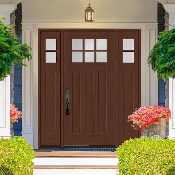 Regency 68 in. x 80 in. 6-Lite Top Lite Clear Glass RHIS Mahogany Fiberglass Prehung Front Door 14 in. Side Lites