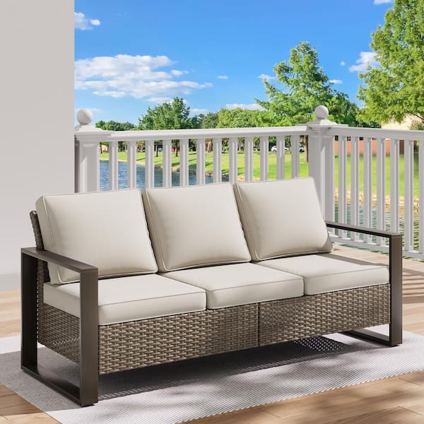 3-Seat Wicker Outdoor Patio Sofa Steel Frame Sectional Couch with Beige Cushions