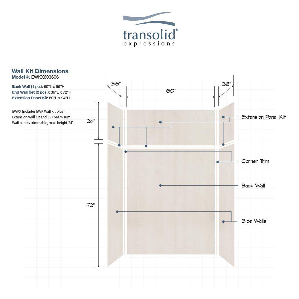 Bleached Oak 60'' x 36'' x 96'' Composite Solid Surface Shower Wall Kit