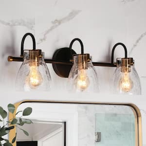 Modern 22.4 in. 3-Light Matte Black Vanity Light with Crackle Textured Glass Shades Brass Wall Light for Bathroom Vanity