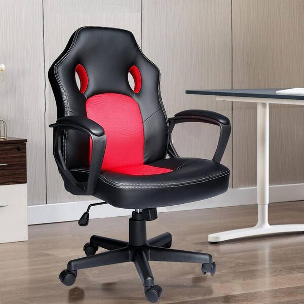 Armen Living Aspect Adjustable Racing Gaming Chair in Black Faux Leather and Red Mesh with Lumbar Support Pillow