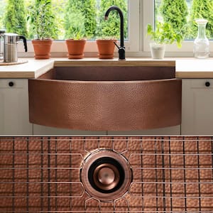 Luxury Medium Patina 12-Gauge Copper 33 in. Single Bowl Farmhouse Apron Kitchen Sink with Accs and Curved Front