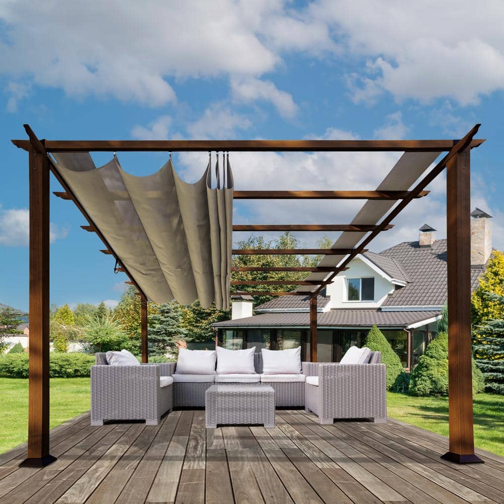 Paragon Outdoor Florence 11 ft. x 11 ft. Wood Grain Aluminum Pergola in  Chilean Ipe and Sand Convertible Canopy PR11WD2S - The Home Depot