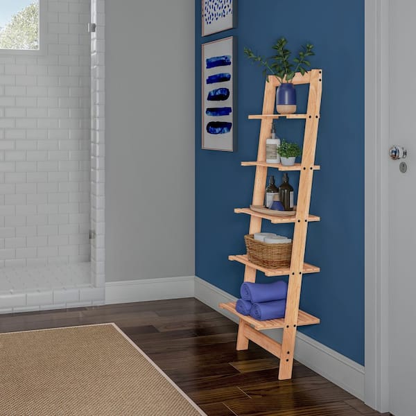 50 in. Natural Wood 5-Shelf Narrow Leaning Ladder Bookcase