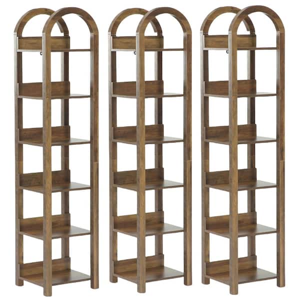Eulas 71in. 3PCS Tall Brown Wood Arched Bookshelf Narrow Skinny Bookshelf with 6 Open Shelves for Home Office, Open Back
