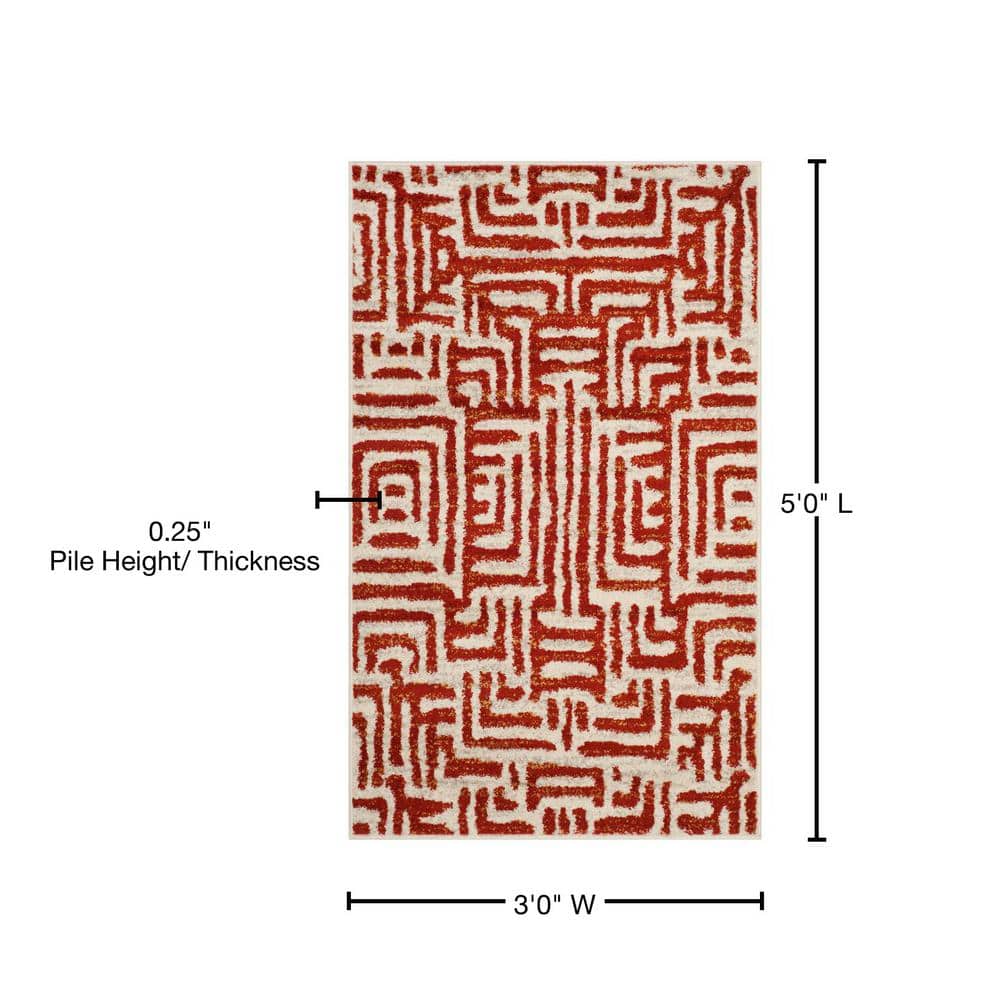 Ivory and Terracotta Geometric Synthetic Area Rug