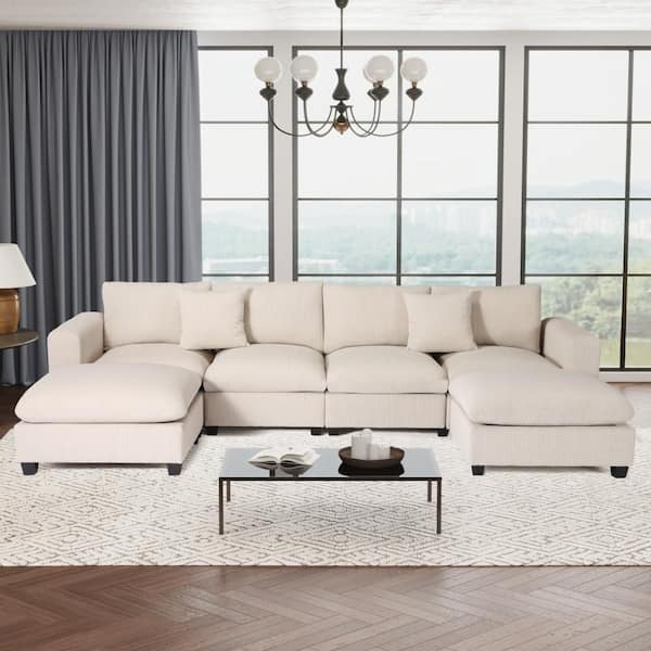 WESTINFURNITURE Hamilton 128 in. Square Arm 6-Piece Corduroy Modular Sectional Sofa Ottoman Set w/ USB Charge Port in. Cream