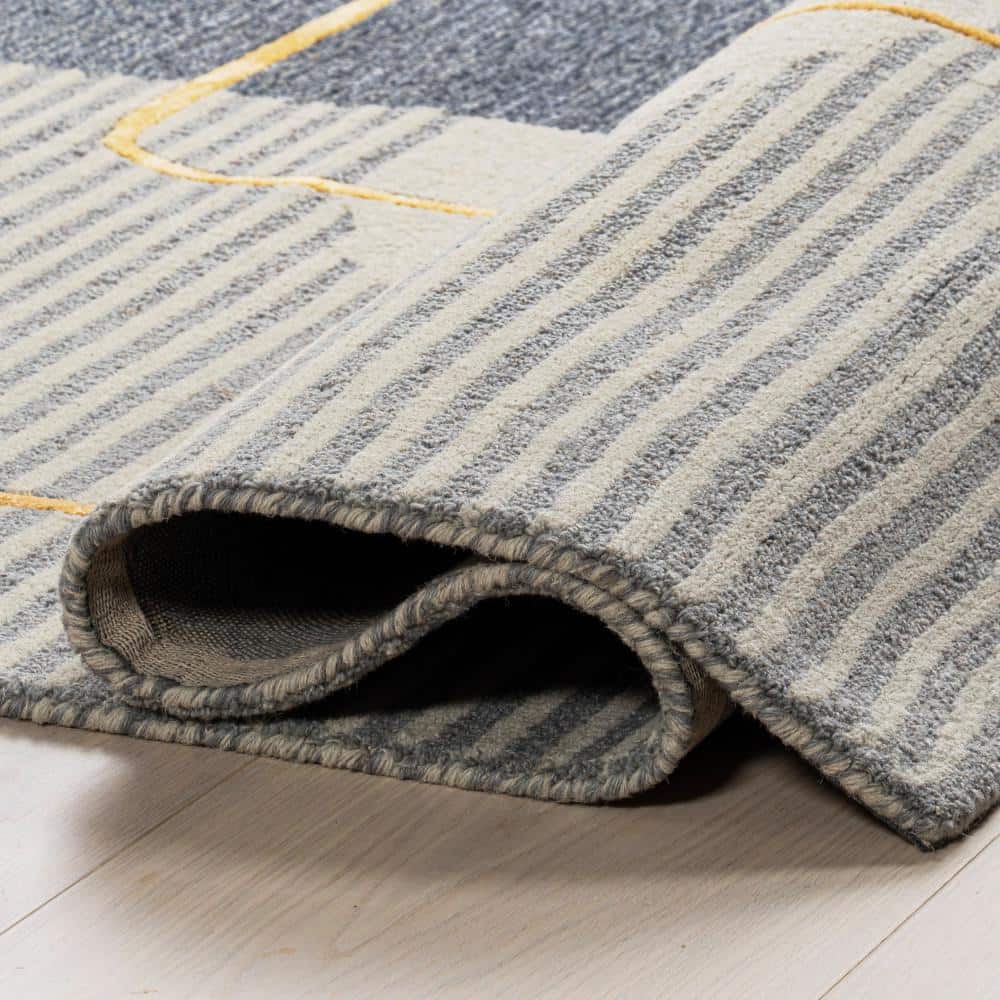 Blue and Gray Tufted Wool Striped Area Rug