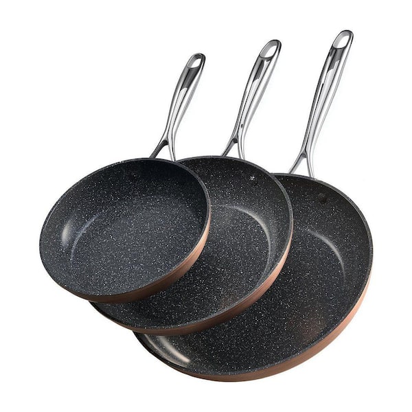 3-Piece Stainless Steel Frying Pan Aluminum Skillet Cookware Set 8 10 12 in Handle Pre-Seasoned Grey