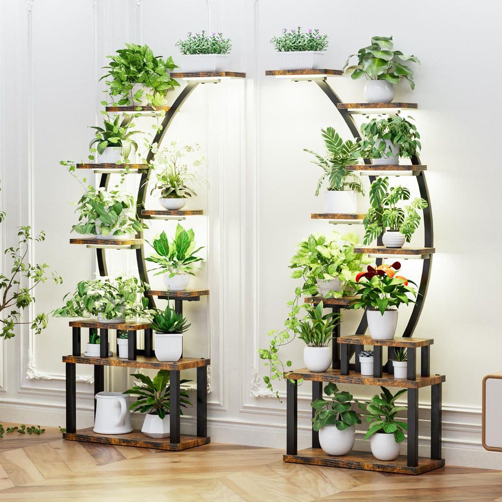 2-piece 9-Tier Metal Plant Stand w/ Grow Lights Plant Stand Large
