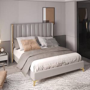 Channel Tufted Light Gray Wood Frame King Size Upholstered Platform Bed with Wing Back in Gilded Strips Trim