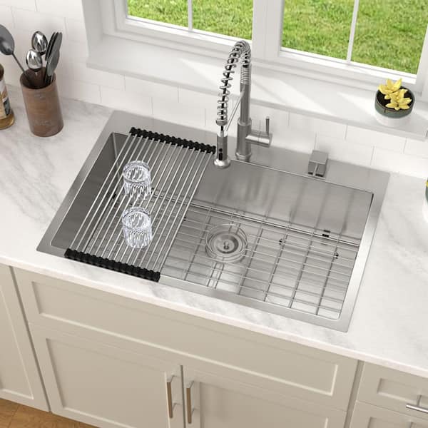 33 in. Drop-In Kitchen Sink, 16-Gauge Stainless Steel, Single Bowl, Topmount with Round Corners, Included Accessories