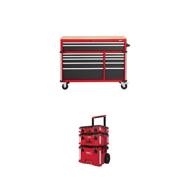52 in. W x 22 in. D Red Mobile Workbench Cabinet and PACKOUT 22 in. Rolling, Large, Medium Tool Box Combo