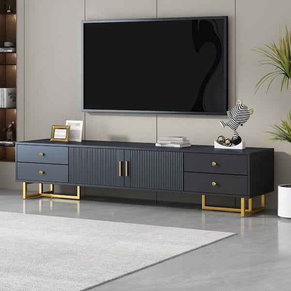 Harper & Bright Designs Modern Wave Groove Pattern Black TV Stand Fits TVs up to 65 to 75 in. with Storage Drawers and Cabinet
