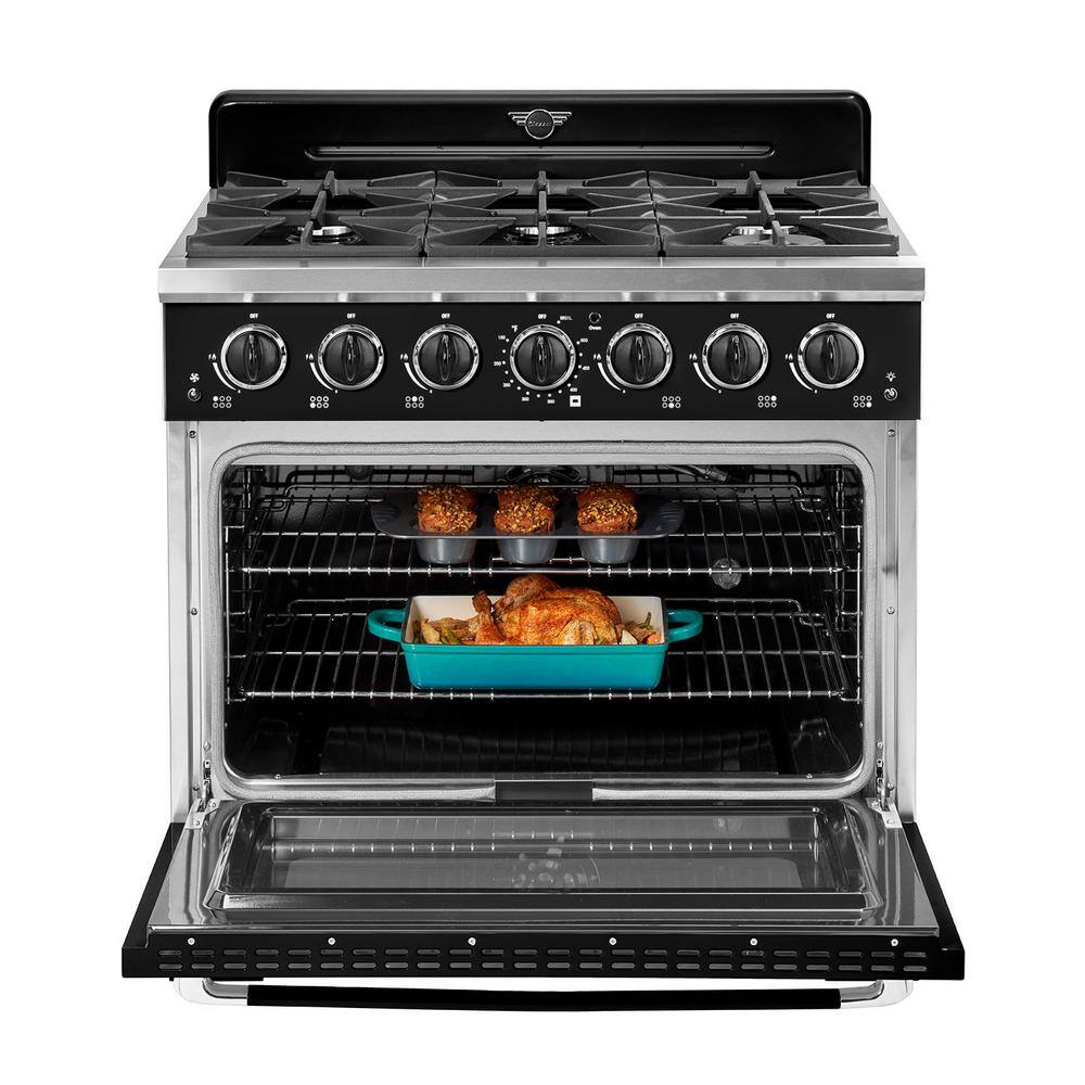 Midnight Black 36" Retro Convection Gas Range with Chrome Accents