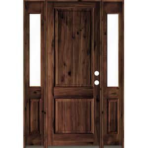 64 in. x 96 in. Rustic Alder Square Top Red Mahogany Stained Wood with V-Groove Left Hand Single Prehung Front Door
