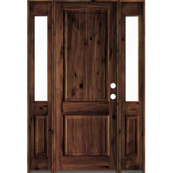 Krosswood Doors 64 in. x 96 in. Rustic Alder Square Top Red Mahogany Stained Wood with V-Groove Left Hand Single Prehung Front Door