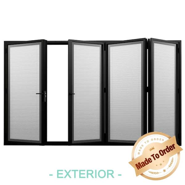 144 in. x 96 in. Right Swing/Outswing Double Tempered Glass Black Louver Aluminum Folding Patio Door