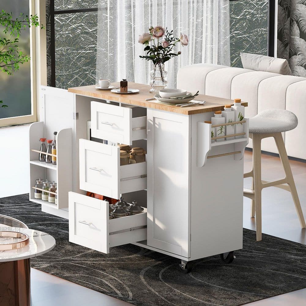 White Rubber Wood Kitchen Cart with Spice Rack and Towel Rack