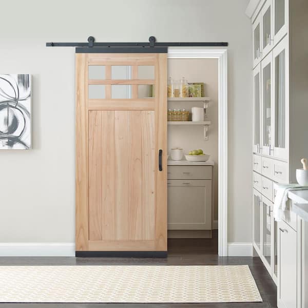 36 in. x 80 in. DesignGlide Farmhouse Unfinished Solid Wood 6-Lite Obscure Glass Sliding Barn Door & Black Hardware Kit