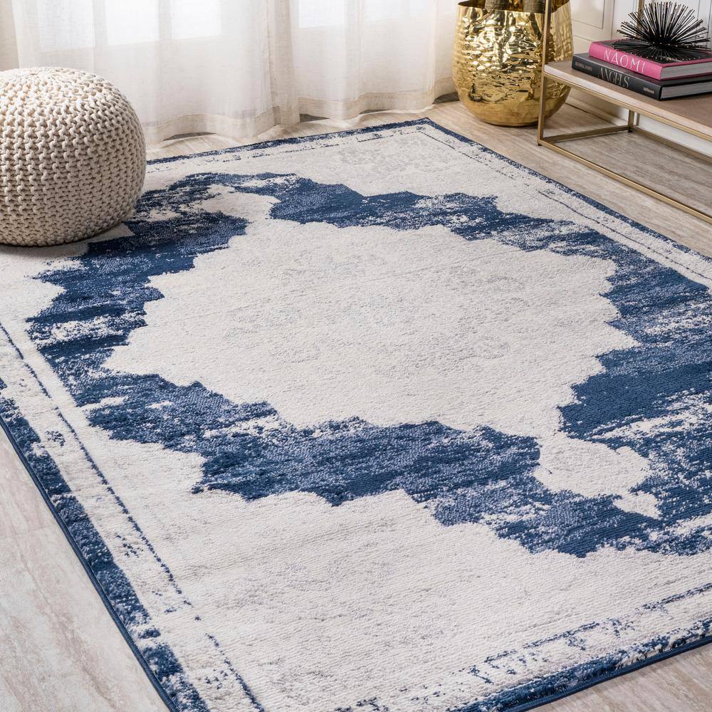 Ivory and Navy Synthetic Reversible Medallion Area Rug
