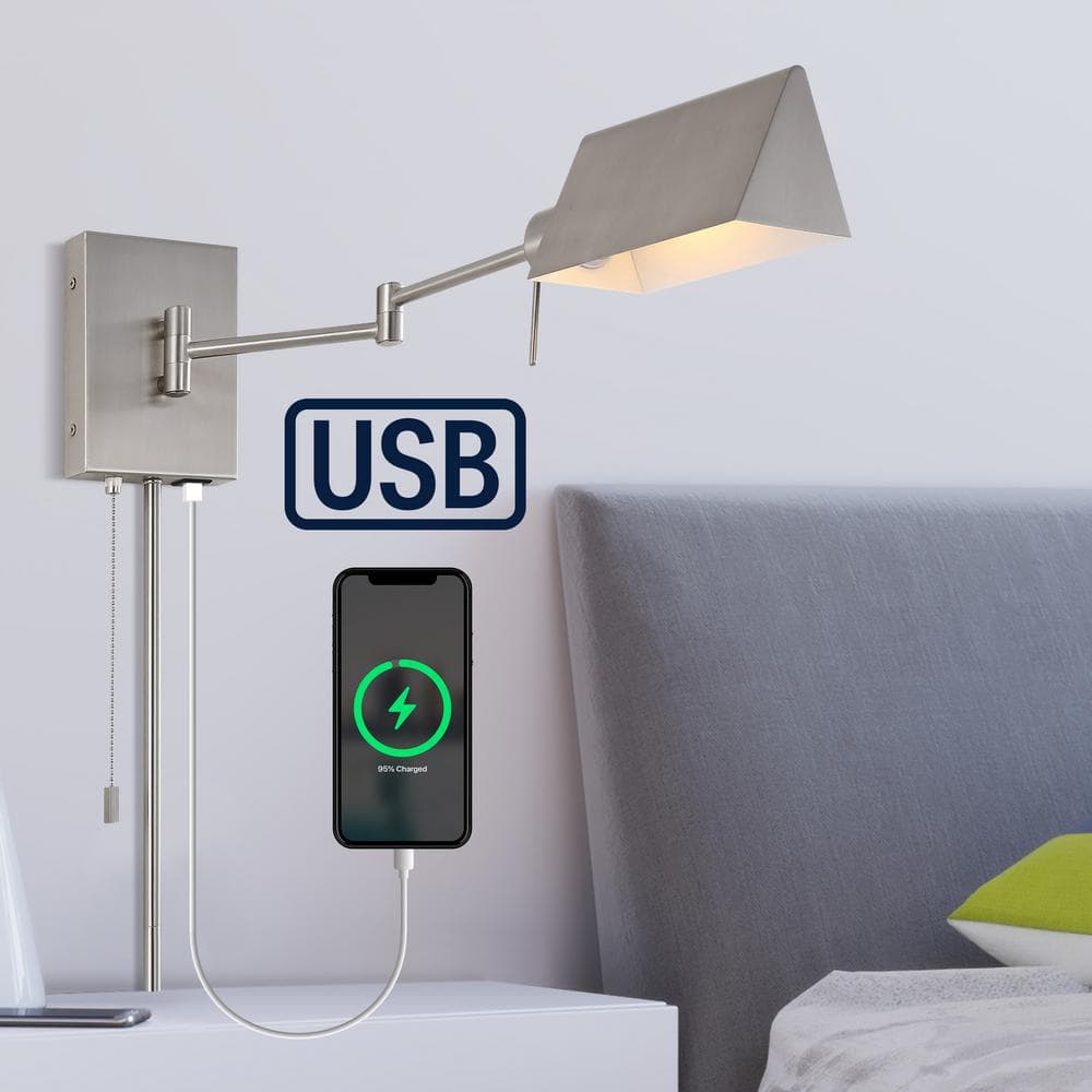 Nickel 22" Dimmable Swing Arm Wall Sconce with USB Port