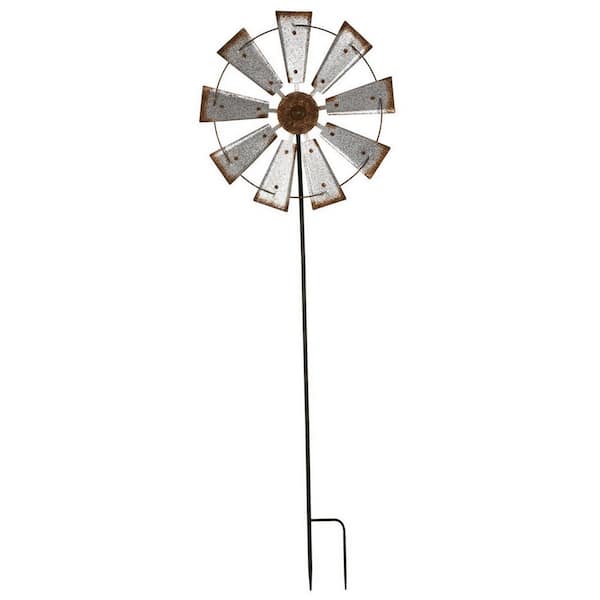 Glitzhome 69 4 In H Farmhouse Metal Galvanized Wind Spinner Yard Stake Or Wall Decor Gh1512004180 The Home Depot