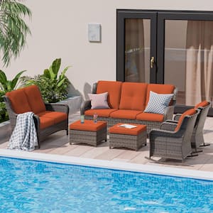 Brown 6-Piece Wicker Outdoor Patio Conversation Set with Orange Cushions and Rocking Chairs