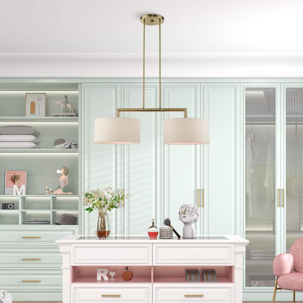 Antique Brass Dual-Light Linear Chandelier with Oatmeal Shades