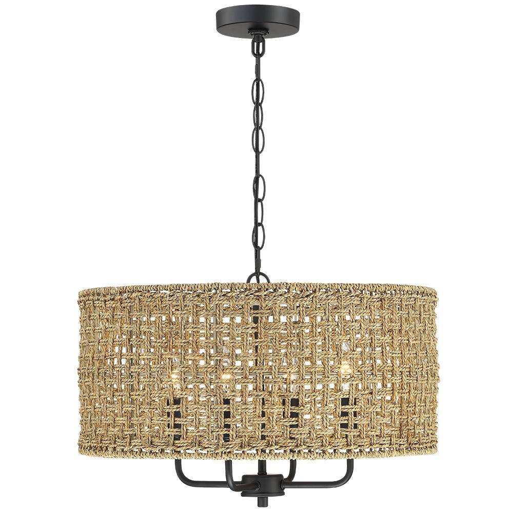TRUE FINE Cape 20 in. 4-Light Bohemian Drum Chandelier with Lime Hand Woven Shade TD90032FL - The Home Depot